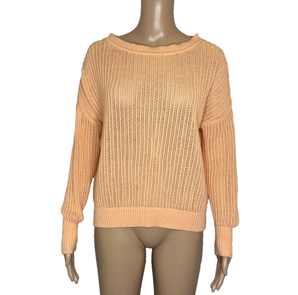 Women's Large Kinross Orange Crochet Cotton Crewneck Pullover Sweater
